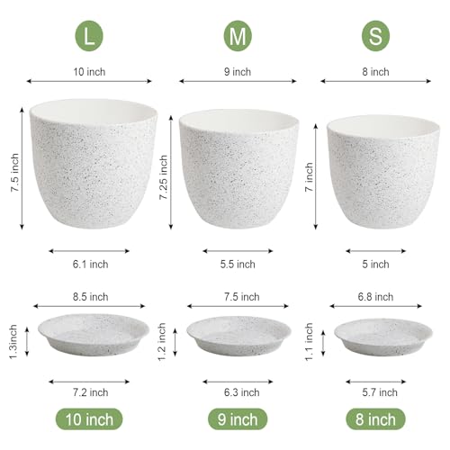WSMKSZ 10/9/8 inch Medium Plant Pots, Set of 3 Modern Decorative Plastic Planters with Drainage Holes and Saucers for Garden House Plants, Flower Pots for Indoor Outdoor Plants, Speckled White - color: Speckled White, size: 10"+9"+8"