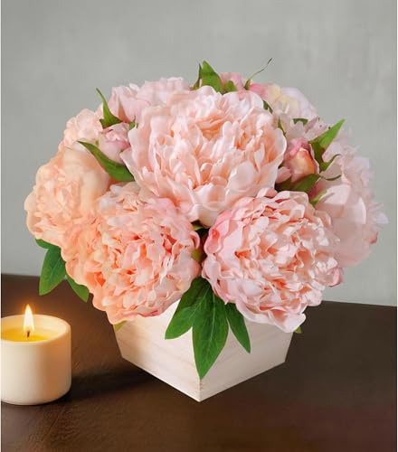 Artificial Hydrangea Flowers Arrangement in Wood Planter, 4PCS Fake Flowers in Wooden Vase Potted Floral Centerpieces for Tables Living Room Home Office Kitchen Decor (Light Pink Peony) - color: Light Pink Peony
