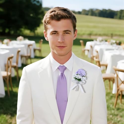 4Pcs Purple Rose Corsage and Men Boutonniere Set Women Wristlet Band Wrist Bracelets, for Prom Wedding Ceremony Flowers Decorations and Homecoming Party Accessories - color: Purple, size: 2 Boutonniere & 2 Wrist Corsage