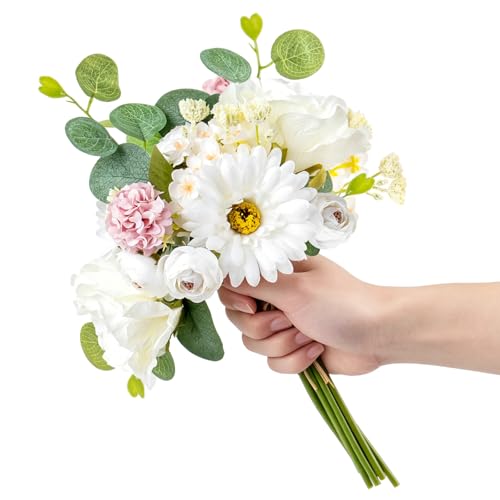 Zerzsy Artificial Flower Small Bouquet, 2 Bouquets Mixed Pink Artificial Peonies, Fake Flowers Bride Holding Flower Faux Flora Vase Decorating for Bride Spring Home Desk Table Centerpiece Decor - color: White-4, size: 2 Bouquets