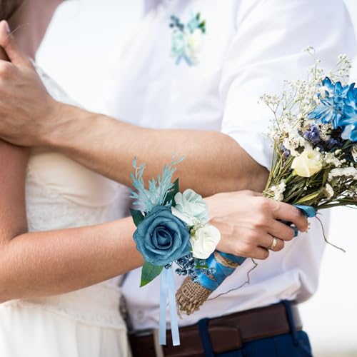 Corsage and Boutonniere Set for Bride Groom Bridesmaids Groomsmen Wedding Homecoming Flowers Prom Suit Accessories, Rose Boutonniere and Wrist Corsage Flower - color: Blue