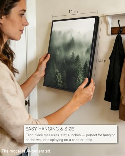 PHOPAGO Green Fog Pine Tree Framed Wall Art Nature Misty Nordic Forests Artwork Morden Paints for Kitchen Hallway Decor - 11x14in Black Framed - color: Green Pine Forest, size: 14L" x 11W" x 3 Pcs Black