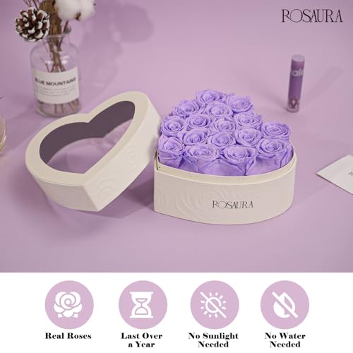 Rosaura Heart-Shaped Preserved Roses Gift Box - Real Forever Flowers for Christmas, Birthday, Valentine's & Mother's Day (Light Purple, 16 roses) - color: Light Purple, size: 16 roses