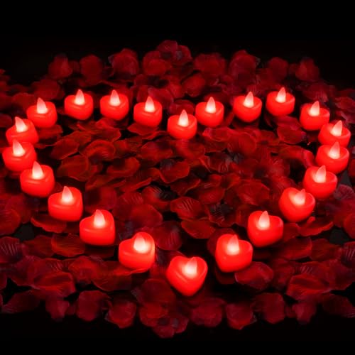 Amagic 2000 Pieces Red Artificial Rose Petals with 24 Red Heart LED Tea Lights, Rose Petals and Candles Set for Proposal, Anniversary, Romantic Night, Wedding Decor - color: 24 Pcs Red Candles + 2000 Pcs Red-Black Petals