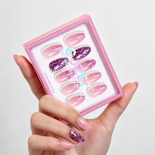 32Pcs Soft Gel Press on Nails for Women, Glitter Pink, Short Almond | Sparkling Chunky Sequins False Fake Nails Press Ons for Party Night Out, Salon Quality Reusable Glue & Stick on Nail Gift Kit - color: 3H-Glitter Pink