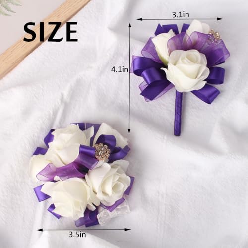 Wrist Corsage and Boutonniere Set Ivory Rose Corsage Wristlet for Homecoming Wedding Party Groom Bride Artificial Flower (Purple and Ivory) - color: Purple and Ivory
