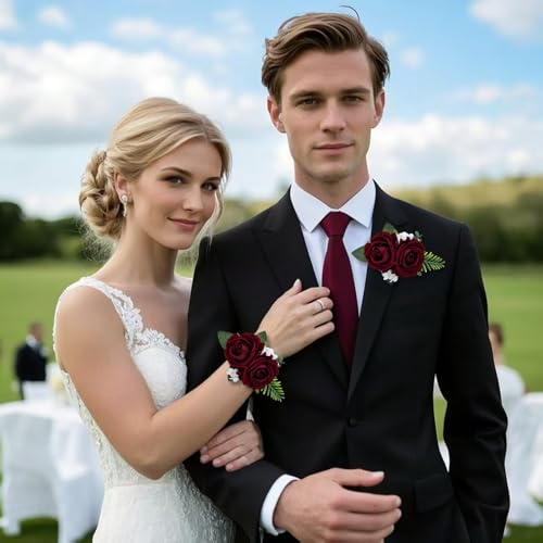 2Pcs Burgundy Rose Wrist Corsage Wristlet Band and Men Boutonniere Set, for Wedding Ceremony Artificial Flowers Accessories Homecoming Prom Suit Decorations - color: Burgundy