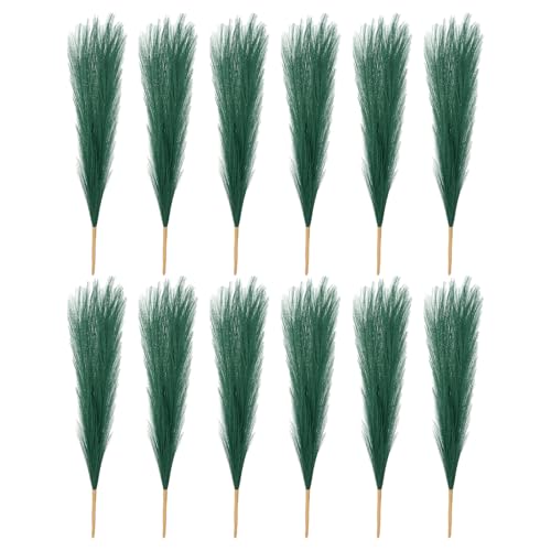 PATIKIL 17 Inch Faux Pampas Grass, 12 Pcs Boho Decor for Home Decoration Artificial Tall Fluffy Stems for Wedding Flower Party Vase Arrangement Centerpieces, Dark Green - color: Dark Green
