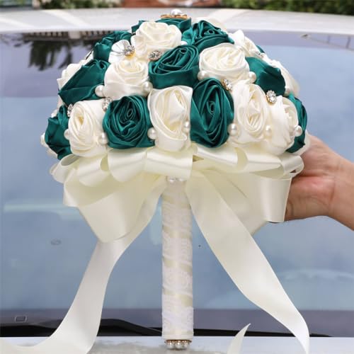 MaxxCloud 9.4‘’ Handmade Romantic Toss Bouquet for Bride Stunning Bridesmaid Brooch Wedding Bouquet with Jewelry Petals Dark Green and Ivory - color: Dark Green+ivory, size: 9.4''/24cm