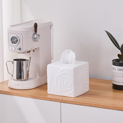 White Ceramic Rose Tissue Box Cover, Carved Flowers Large Square Tissue Box Holder Decorative for Bathroom, Vanity, Kitchen Countertop, Bedroom Night Stands, Office Desk Top - color: White