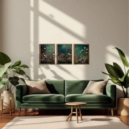Vintage Wildflower Wall Art Set of 3, Dark Green Flower plant Canvas Prints Wall Decor, Gothic dark style pastoral landscape painting for Living Room Bedroom Farmhouse Home Decor 16x24in Wood Framed - color: Green flowers, size: 24L" x 16W"
