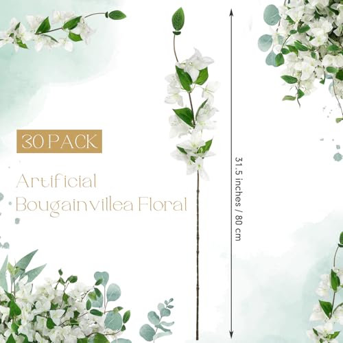30 Pcs Artificial Faux Bougainvillea Fake Flower Silk Bougainvillea Branches UV Resistant Outdoor Indoor Decoration for Wedding Home Centerpieces Outside Decor (White) - color: White