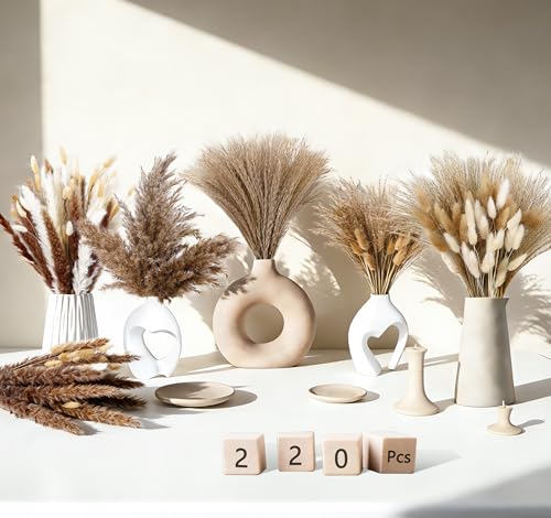 220 Stems Dried Pampas Grass Decor-White Pampas Grass,Brown Pampas,Bunny Tails Grass,Fluffy Pompas.Rustic Flower Bouquets for Wedding, Home Decor,Table Centerpiece,Apartment and Boho Decor - size: 220 Pcs
