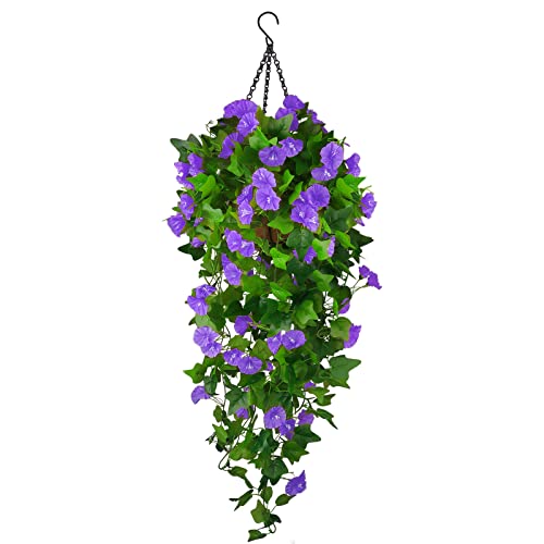 Artificial Fake Hanging Flowers Plants Basket for Spring Outdoor Outside Decoration, UV Resistant Faux Plastic Fabric Flower Morning Glory Wisteria Petunia for Garden Porch Patio Balcony Yard Decor - color: Blue
