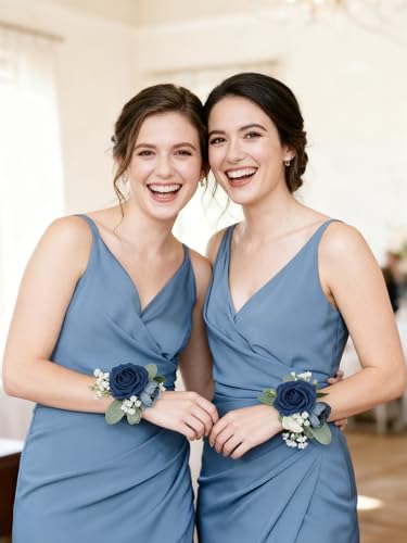 Rinlong 2Pcs Navy Blue Wrist Corsage for Wedding, Prom, Homecoming | Bridesmaid Wristlet, Mother of the Bride Flower Corsage - color: 23-navy