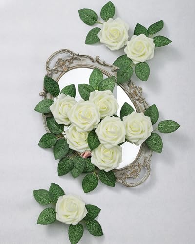 DuHouse 25Pcs Artificial Roses Flowers Fake Roses with Stems Real Touch Foam Flowers for DIY Wedding Bouquet Party Centerpiece Floral Arrangement Party Home Decor(Ivory White) - color: Ivory White, size: 25pcs