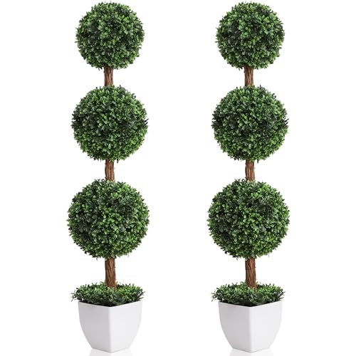 Damomo Artificial Topiaries Ball Trees Outdoor, 3.6ft Faux Boxwood Plants Topiary Triple Ball Tree(2 PCS), Fake Shrubs Trees Potted Decorative Indoor Porch or Garden（43inch） - size: 3ft 7in