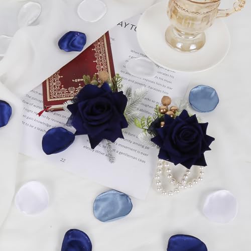2Pcs Blue Corsage and Boutonniere Set, Artificial Rose Bridesmaid Bride Corsage and Groom Men Boutonniere Set for Prom Decor for Men Wedding Party Suit Decoration (Navy Blue) - color: Navy Blue
