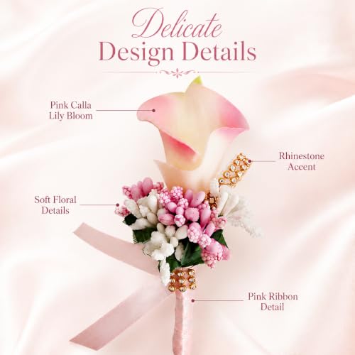 ChezMax Calla Lily Pink Boutonniere Handmade Silk Flower with Ribbon Corsage for Bride Groom Wedding Party 6 Packs - color: B-pink Boutonniere-6 Pcs