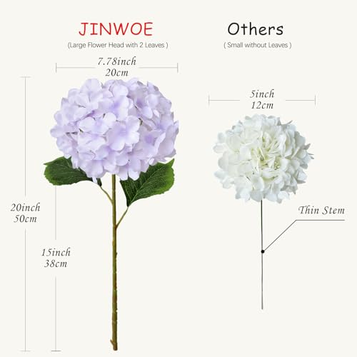 JINWOE Light Purple Fake Hydrange Flowers, 5Pcs 20Inch Large Boho Silk Flowers, Lifelike Hydrangeas Artificial Flowers for Bouquet Table Centerpieces Baby Showers Wedding Home - color: Light Puple