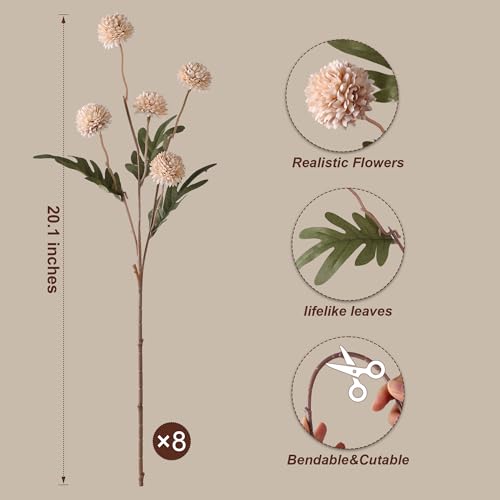 HyeFlora Fake Kiku Flowers, Faux Silk Pompon Mums Artificial Flowers, Chrysanthemum Stems Floral Arrangement Dried Flowers Vintage Decorative Indoor Home Decor Beige (Vase not Included) - color: 8pcs-beige