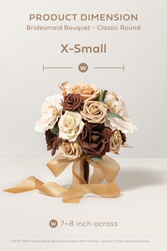 Ling's moment Artificial Bridesmaid Bouquets Set of 4,Brown Wedding Flower Bouquets Beige Floral Bouquet Bridal Bouquets with Ribbon Ceremony Anniversary,7-inch Diameter - color: Walnut Brown