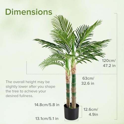 NEWBULIG 47in Artificial Palm Tree, Double Stalk Golden Cane Palm with Lush Realistic Leaves, Large Faux Plant for Living Room, Maintenance Free Home Decor