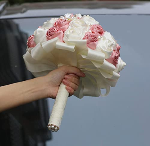 Bridal Wedding Bouquet with Rhinestone Brooch Pearl for Bride Bridesmaid Wedding Quinceanera Satin Rose Flower Bouquet Blush Pink and Ivory 8.7in - color: Blush & Ivory, size: Large (DIA. 8.7"/22cm)