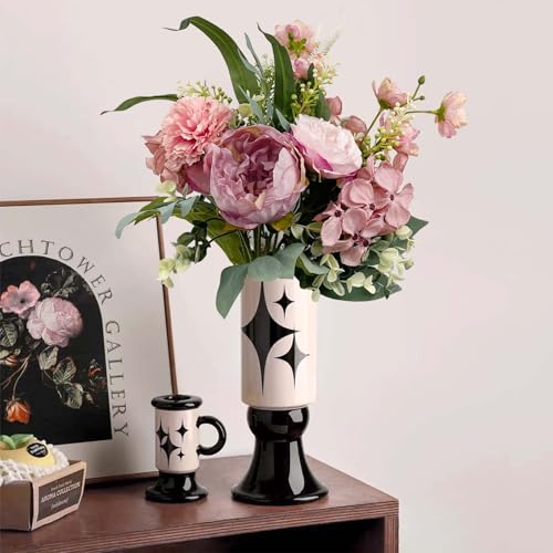 Daily Treasures Fake Artificial Flowers Bouquet for Decoration, Silk Fake Flower Arrangements Wedding Bouquets, Hydrangeas, Peonies and Allium Flowers for Home Kitchen Garden Wedding Party(Pink)