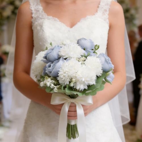 16 Bundles Artificial Flowers Peonies, Dusty Blue Silk Faux Peony Floral Arrangements Fake Peony for DIY Bouquet for Vase Centerpiece Home Wedding Party Centerpiece - color: Dusty Blue & White