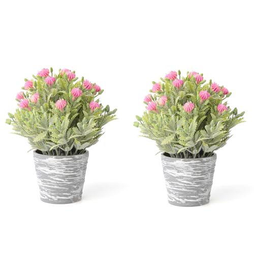 2 Pack Small Desk Plants, Artificial Bathroom Plants Decor with Flower in Vintage Melamine Pots, Faux Plants Indoor for Shelf Decor in Home Office, and Spring Decor (Fuchsia) - color: Fuchsia