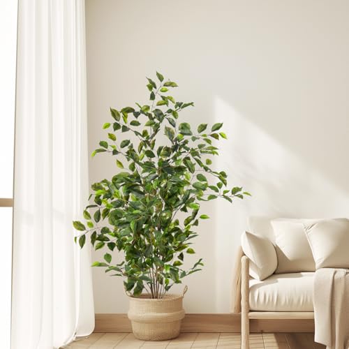 Bailikang Artificial Ficus Tree Indoor 4ft, Large Potted Faux Tree with Realistic Silk Leaves & Trunk for Home Office, Living Room Corner Decor - color: Green, size: 4ft