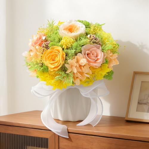 Preserved Flower Bouquet with Vase for Delivery Prime | Natural Forever Rose Gift For Women (Yellow & Champagne Eternal Floral Arrangement) - color: Champagne