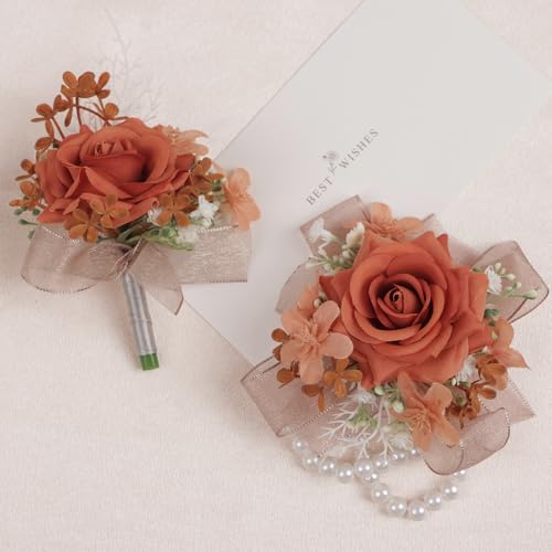 Alizeal 2Pcs of Wrist Corsage and Boutonniere Set, Artificial Flowers Accessories Suit Decor for Wedding Prom Party Homecoming Ceremony, Orange - color: 701-orange
