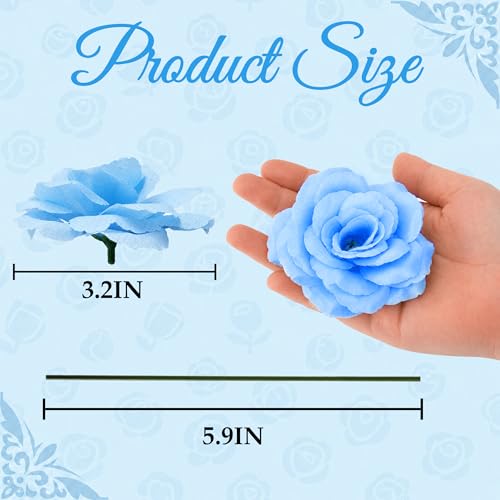 Rose Artificial Flowers, 50Pcs White Roses Head Flowers Bulk with Stem, 3 Inches Silk Rose Fake Flower Head for Wedding Party Home Decor DIY Baby Shower Centerpieces Tables Decoration (Light Blue) - color: Light Blue