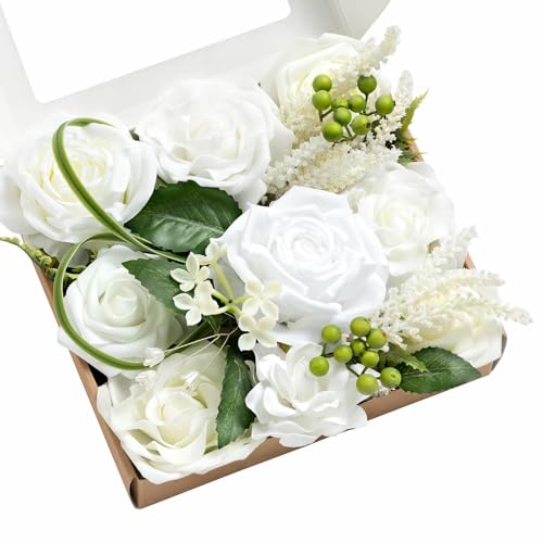 Ling's moment Fake Flowers Box, Artificial Faux Greenery Stems Silk Roses Foam Berries for Wedding Bouquets Centerpieces Decorations Backyard Floral Arrangement, White & Olive Green, Mini Combo - color: White & Olive Green