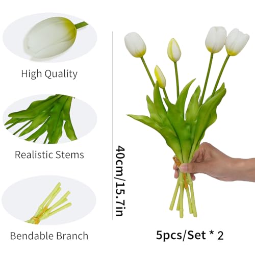 10PCS White Tulips Artificial Flowers Real Touch Fake Tulips Fake Flowers White Flowers Artificial Mother's Day Easter Valentine'S Day Gifts Spring Decorations For Home - color: White