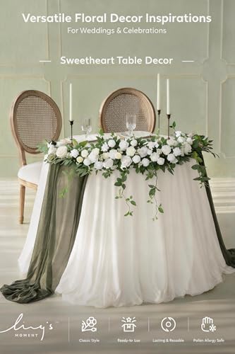 Ling's moment Wedding Arch Flowers - 6.5FT Floral Garland for Ceremony Arbor Backdrop Decoration - Artificial Rose Floral Swag for Sweetheart Table Birthday Party, Baby Shower, White Green - color: Wht-white & Sage