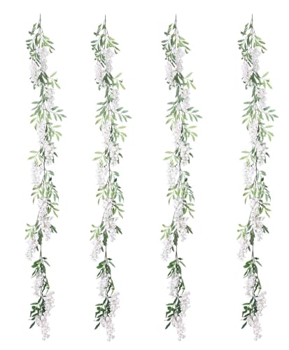 Duovlo 4Pcs 6.6Ft/Piece Imitation Silk Wisteria Garland Hanging Flower Vine for Home Outdoor Garden Ceremony Wedding Arch Floral Decor (Milk White) - color: Milk White