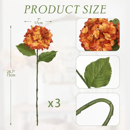 Hollyone 3Pcs Orange Hydrangea Artificial Flowers 28.7" Real Touch Large Faux Silk Hydrangeas Flowers with Stems Fake Flower for Home Wedding Floral Arrangement Centerpiece Table Vase Fall Decor - color: Orange
