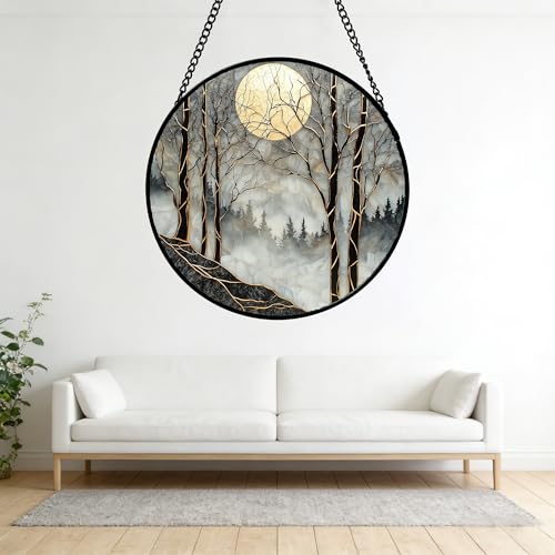 Stained Glass Window Hanging - Black and White Gold Moon Forest Sun Catcher for Door Home Decor Suncatcher Christmas Mother's Day Birthday Gifts for Women Men Lovers Mom Nana 9.8 in - color: Black Gold, size: 9.8x9.8 IN