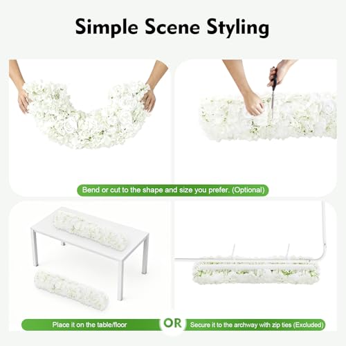1-Meter Flower Arrangement, Decorative Artificial Flower Row Greenery Garland Silk Floral Panel for Party Wedding Background Decor White