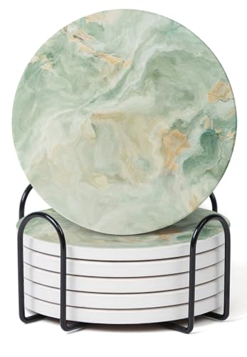 Set of 6 Sage Green Marble Coasters with Holder,Absorbent Ceramic Coasters for Drinks, Coasters with Cork Backing for Table Protection, Housewarming Gifts for New Home - color: Sage Green