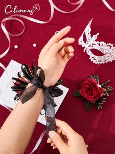 Prom Corsage and Boutonniere Set Red Black,Artificial Silk Rose Wrist Corsage for Homecoming, Formal Dance Party, Wedding,Graduation,Anniversary - color: C-red&black
