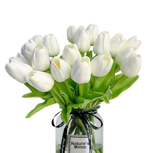 20pcs White Tulips Artificial Flowers 13 Inch PU Fake Flowers Fake Tulips for Mother's Day Easter in Home Wedding Office Party Table Decoration - color: A-white