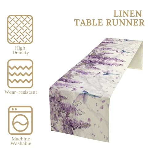 Hummingbird Table Runner,Spring Watercolor Purple Lavender Print Table Runner for Holiday Kitchen Living Room Home Party Decor 13x36 Inch - color: Hummingbird-3, size: 13x36in