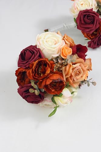 Rinlong Burnt Orange Bridesmaid Bouquet, Terracotta Fall Wedding Bouquets | Silk Bridal Bouquet, Prom, Homecoming, Destination Friendly - color: 13-terracotta & Gold