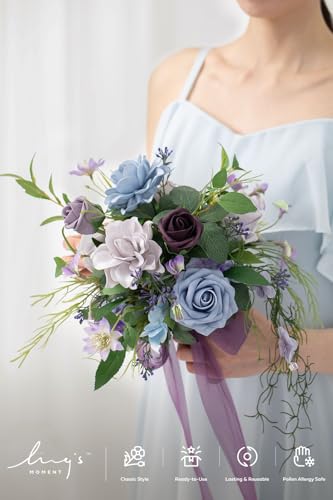Ling's moment Light Purple Artificial Bridesmaid Bouquets Set of 4 Wedding Flower Bouquets Blue Floral Bouquet Bridal Bouquets with Ribbon,Ceremony,Anniversary,7-inch Diameter - color: Prpl-deep Plum