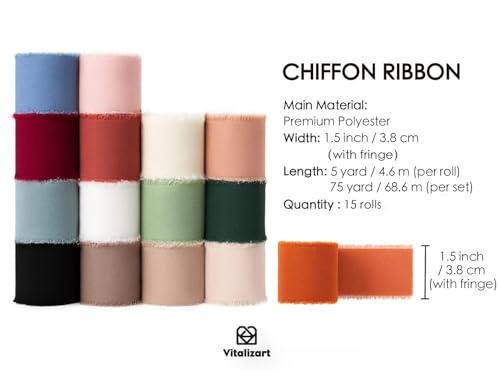 Vitalizart Chiffon Silk Ribbon 1 1/2 Inch x 75 Yd Handmade Frayed Edge Assorted Ribbons for Gift Wrapping Bridal Bouquets Baby Shower Wedding Invitations - color: Mixed Color 15 Rolls (75Yd)