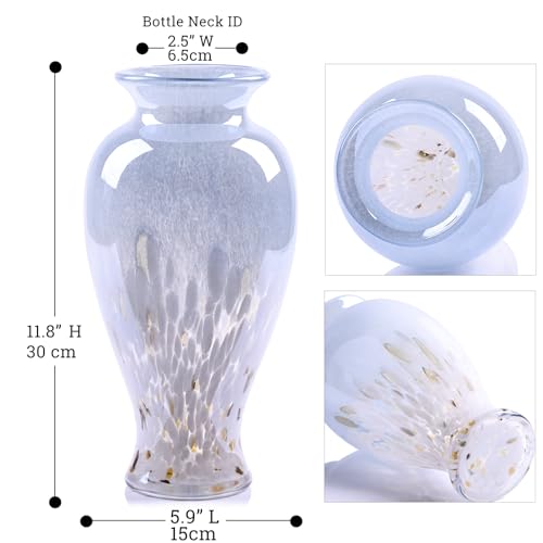 11.8" Tall Blown Blue Glass Vase, Colorful Opaque Glass Vase, Unique Design Wide Mouth Art Decoration for Home, Living Room, Dining Table, Pampas Grass Decor (Blue White) - color: Blue White